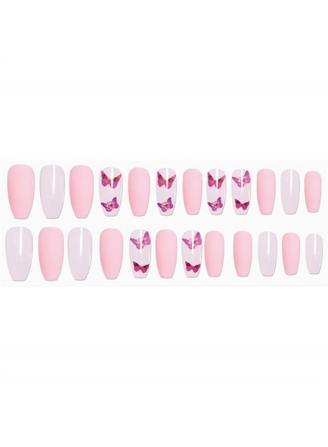 Aimimier 24Pcs Ballerina False Nails with Design Pink Butterfly Coffin Nails with Gluetabs Gradient Fingernails for Women and Girls (Style 3) - Image 2