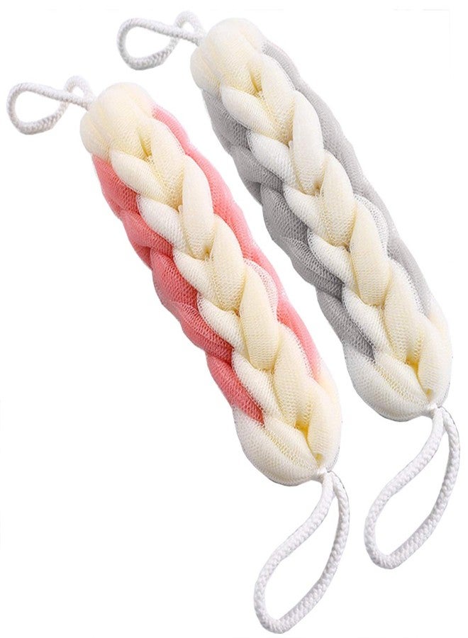AARAINBOW 2 Packs Upgraded Long Stretch Back Sponge with Rope Handles Back Scrubber Bath Shower Mesh Sponge Exfoliating Body Scrub Stretch Braided Loofah for Men Women Braided Mesh Shower (Gray+Pink) - Image 1