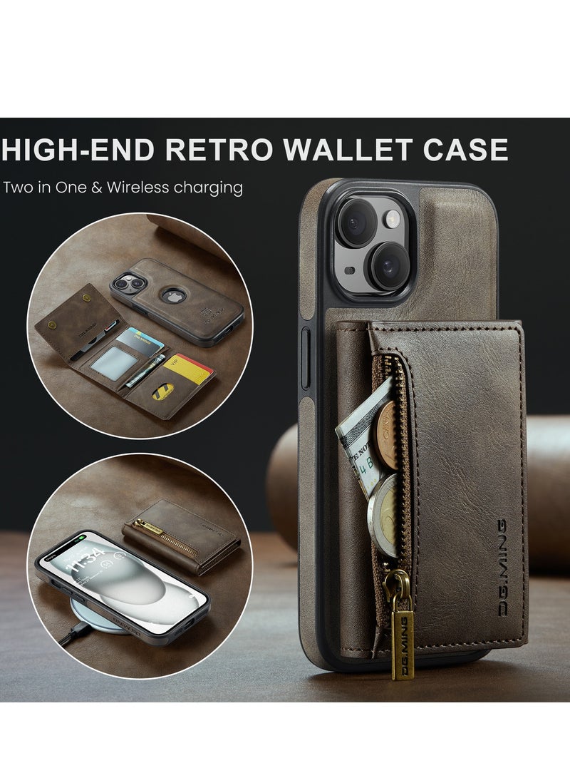 Dg Ming 2 in 1 Clutch Wallet for Iphone 13, Vintage Slim Leather Case Magnetic Detachable Tri-Fold Wallet, Leather Case with Card Holder Pocket Slim Case  - Image 3