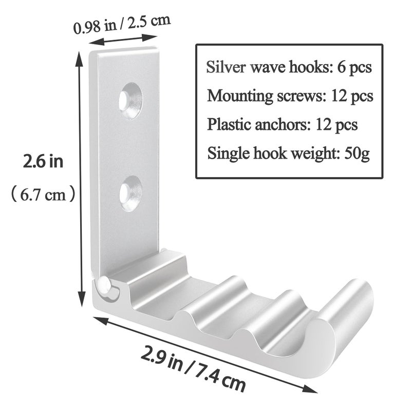 Ohiyo Folding Wall Hooks, 6 Pack Wall Hooks For Hanging Coats, Towel, Hangers, Hat, Backpacks, Wall Mounted Hooks Wave Folding Hooks (Silver) - Image 2