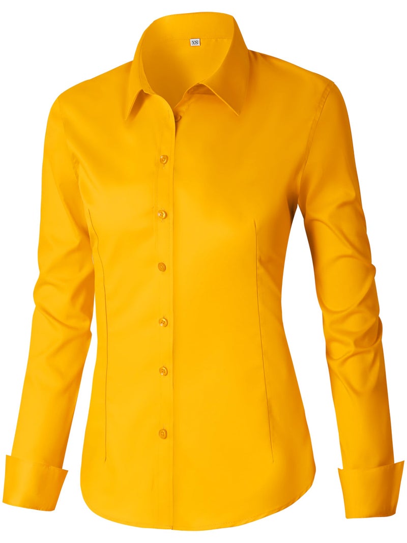 CUNLIN Light Gold Yellow Long Sleeve Shirt Women Tops for Womens Blouses Dressy Dress Shirts Work Button up Down Fitted Gold Yellow XL - Image 1