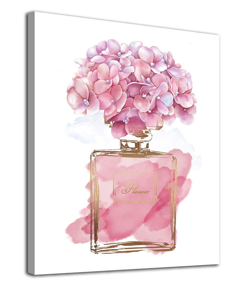 Pink Flowers Wall Art Fashion Canvas Pictures Girls Bedroom Wall Decor Watercolor Hydrangea Contemporary Canvas Artwork Botanic Perfume Bottle Living Room Bathroom Decor Framed Ready to Hang 12 x 16
