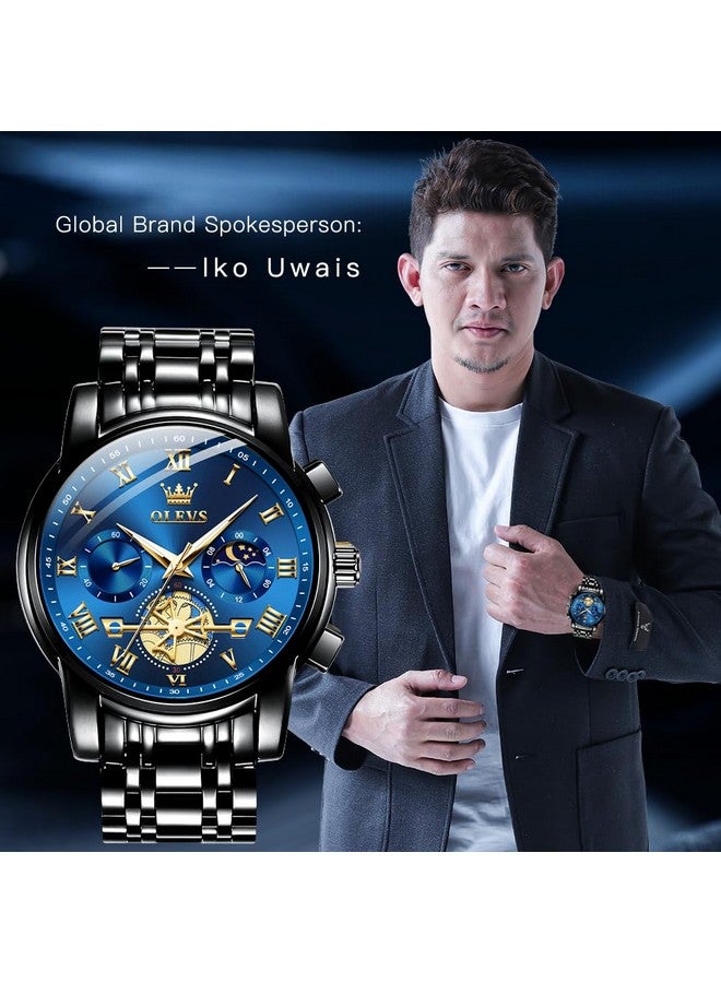 OLEVS Watches for Men Chronograph Business Blue Black Wrist Watches Analog Quartz Moon Phase Stainless Steel Waterproof Luminous Dress Watches - Image 2