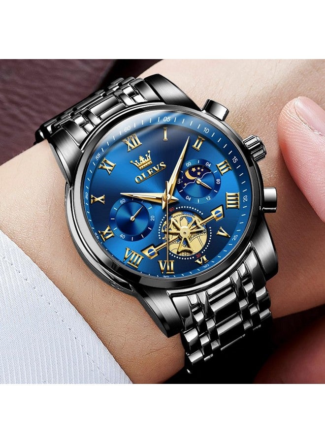 OLEVS Watches for Men Chronograph Business Blue Black Wrist Watches Analog Quartz Moon Phase Stainless Steel Waterproof Luminous Dress Watches - Image 4