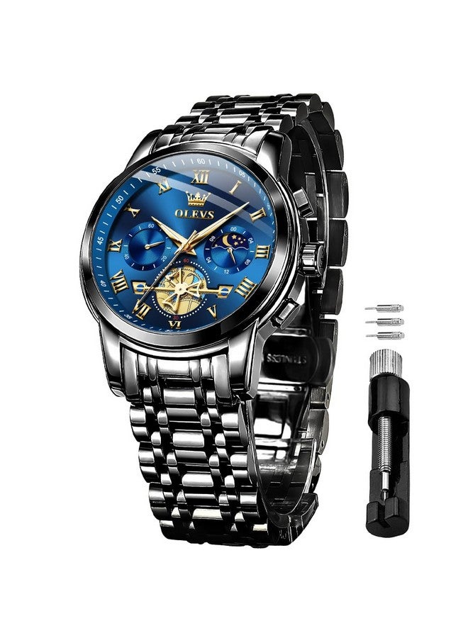 OLEVS Watches for Men Chronograph Business Blue Black Wrist Watches Analog Quartz Moon Phase Stainless Steel Waterproof Luminous Dress Watches - Image 1