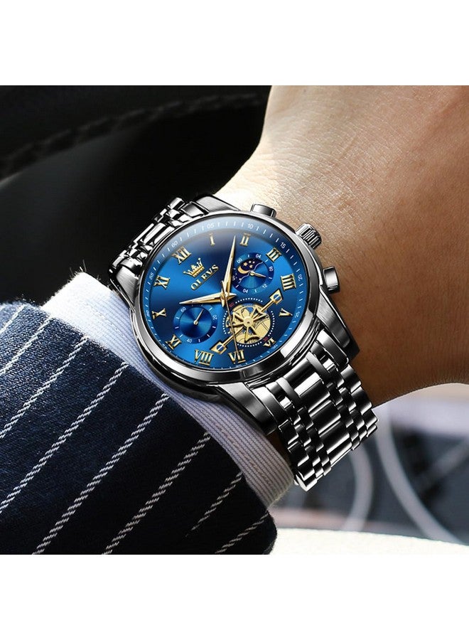 OLEVS Watches for Men Chronograph Business Blue Black Wrist Watches Analog Quartz Moon Phase Stainless Steel Waterproof Luminous Dress Watches - Image 5