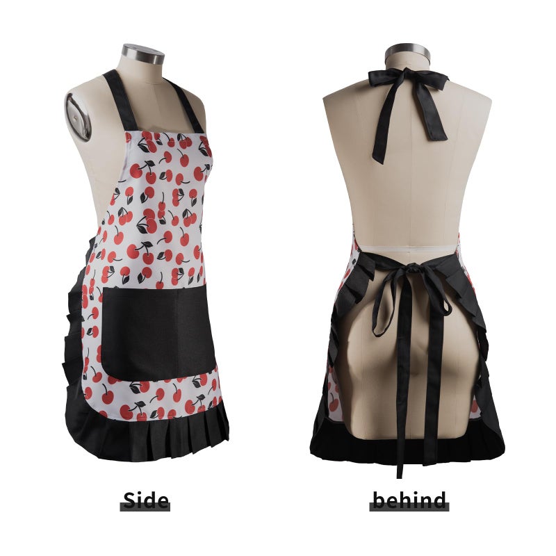 Alex Virtue Vintage Floral Apron for Women with Functional Pockets Adjustable Neck Strap for Cooking Baking Mother's Gift (Cherry) - Image 2