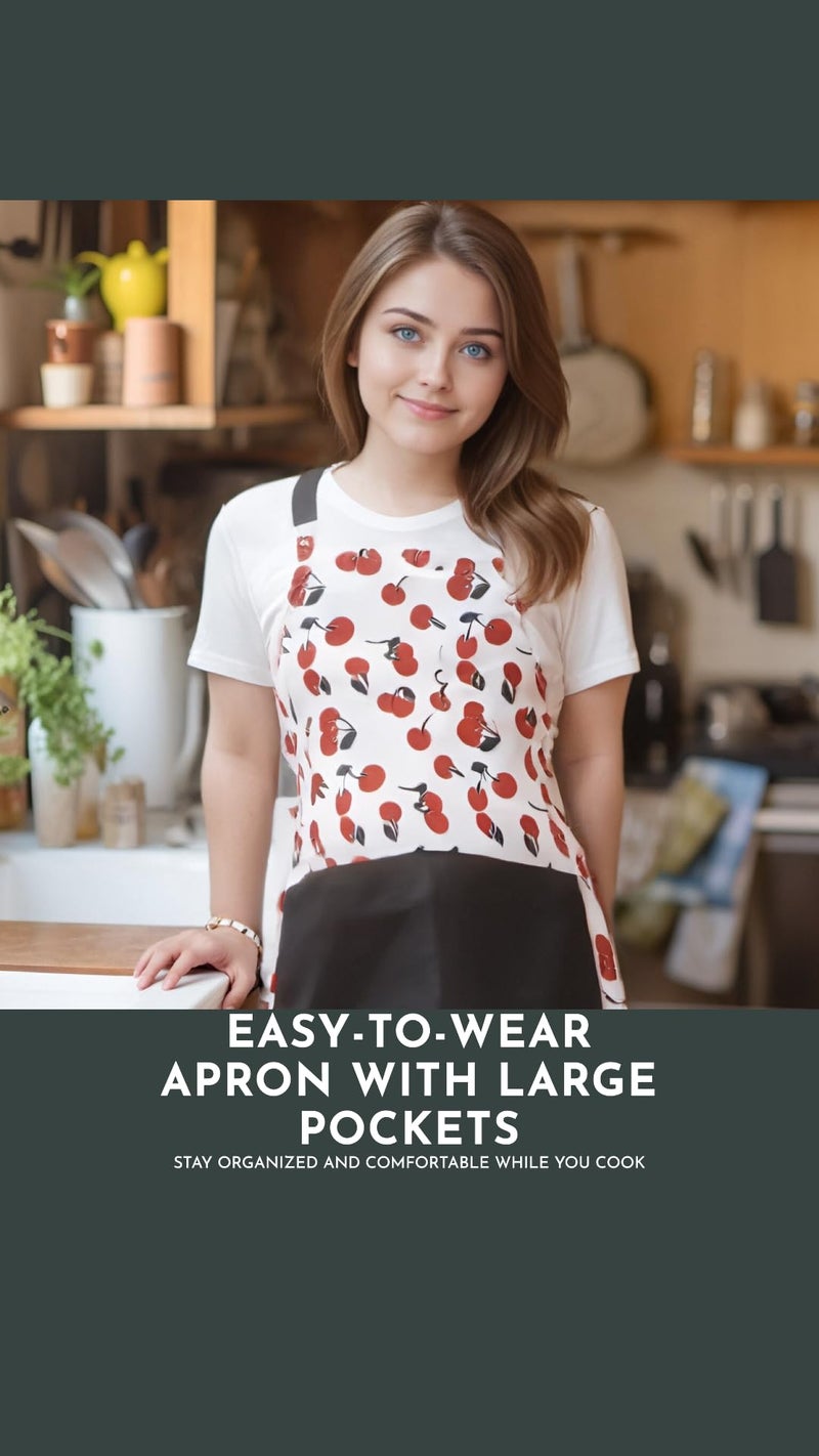 Alex Virtue Vintage Floral Apron for Women with Functional Pockets Adjustable Neck Strap for Cooking Baking Mother's Gift (Cherry) - Image 3