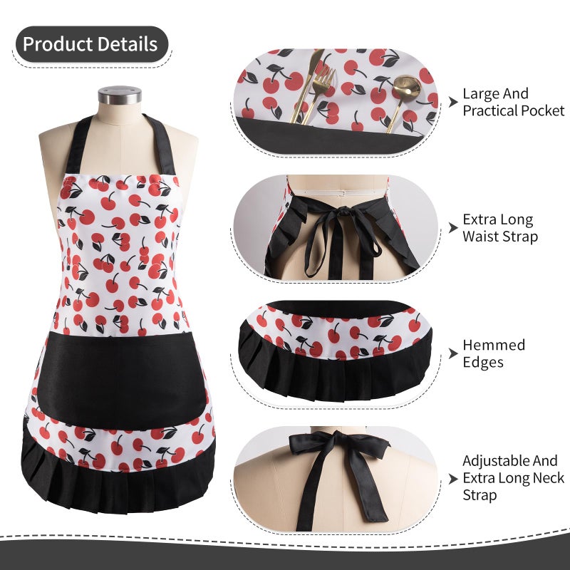 Alex Virtue Vintage Floral Apron for Women with Functional Pockets Adjustable Neck Strap for Cooking Baking Mother's Gift (Cherry) - Image 4