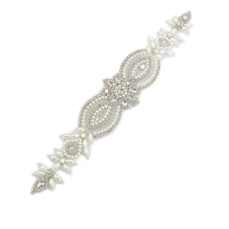 ShiDianYi Wedding Belt Applique Bridal Belt Rhinestone Applique Silver Wedding Dress Sash Belt Applique Crystal Rhinestone Off White Pearls