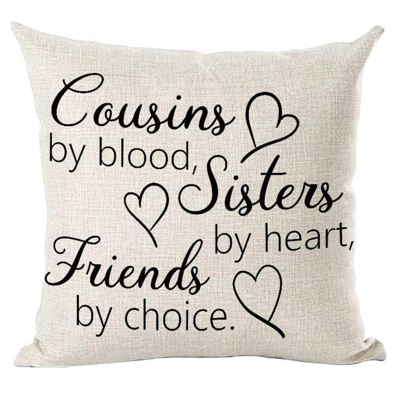 Ramirar Black Word Art Quote Cousins by Blood Sister by Heart Friends by Choice Inspirational Decorative Throw Pillow Cover Case Home Living Room Bed Sofa Car Cotton Linen Square 18 x 18 Inches
