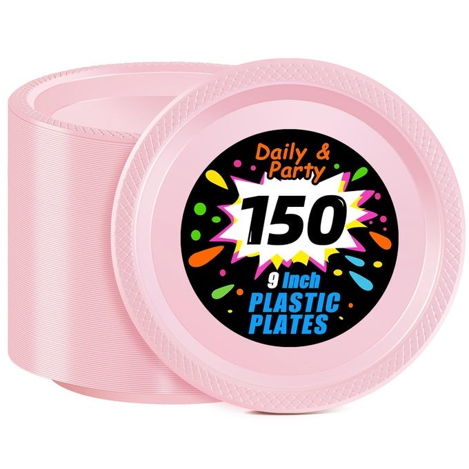 PINK PLASTIC PLATES 9 INCH 150 COUNT FOR PARTY DISPOSABLE PLASTIC PARTY PLATES FOR VALENTINES DAY EASTER MOTHERS DAY BABY SHOWER DINNER DESSERT CAKE LIGHT PINK