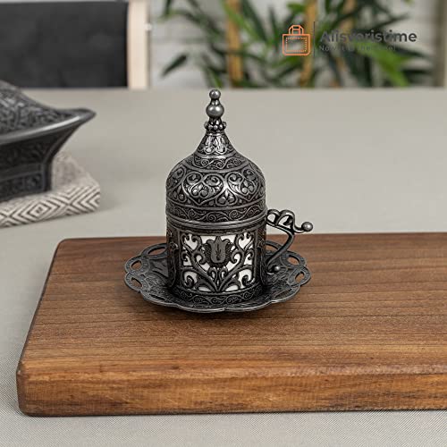 Alisveristime 6-Piece Set Turkish Espresso Coffee Cups with Saucer, Lid, Traditional Ottoman Tulip Motif (Multiple Color Variations) (Lale) (Black) - Image 4