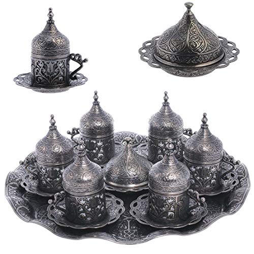 Alisveristime 6-Piece Set Turkish Espresso Coffee Cups with Saucer, Lid, Traditional Ottoman Tulip Motif (Multiple Color Variations) (Lale) (Black) - Image 1