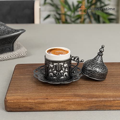 Alisveristime 6-Piece Set Turkish Espresso Coffee Cups with Saucer, Lid, Traditional Ottoman Tulip Motif (Multiple Color Variations) (Lale) (Black) - Image 2