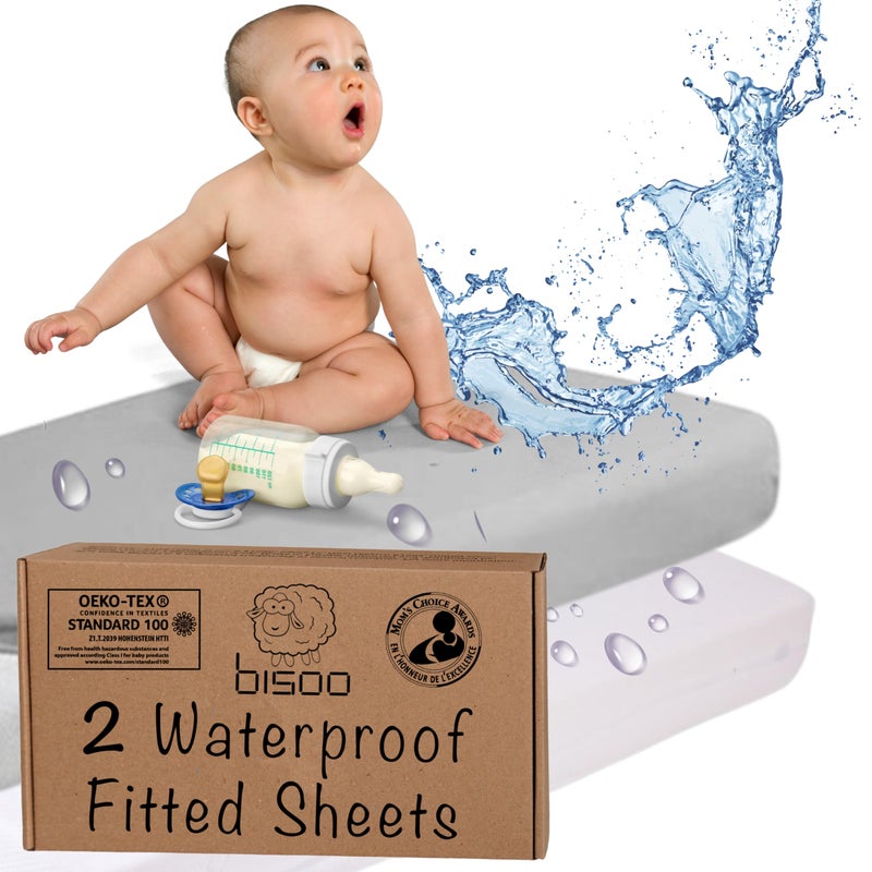 Bisoo Waterproof Fitted Sheet 160x80 cm / 32x63 in - Set of 2 Fitted Sheet Mattress Protector Made of 100% Jersey Oeko-Tex + PU - Junior Toddler Cot Bed - Soft & Silent - White & Gray - Image 1
