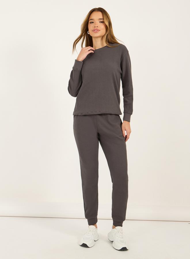 Styli Waffle Knit Crew Neck Sweatshirt & Cuffed Joggers Co-Ords  - Image 1