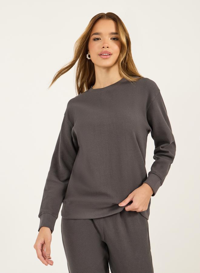 Styli Waffle Knit Crew Neck Sweatshirt & Cuffed Joggers Co-Ords  - Image 2