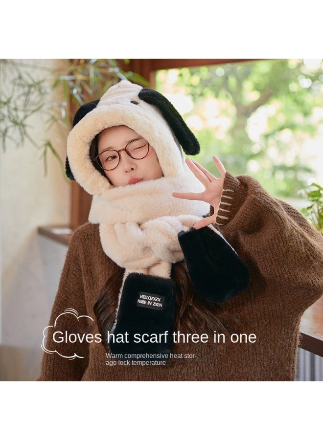 pincai Winter Cartoon Plush Hooded Scarf Women's Three-piece Set Cute Dog Hat Scarf Combo Cold Resistant - Image 2