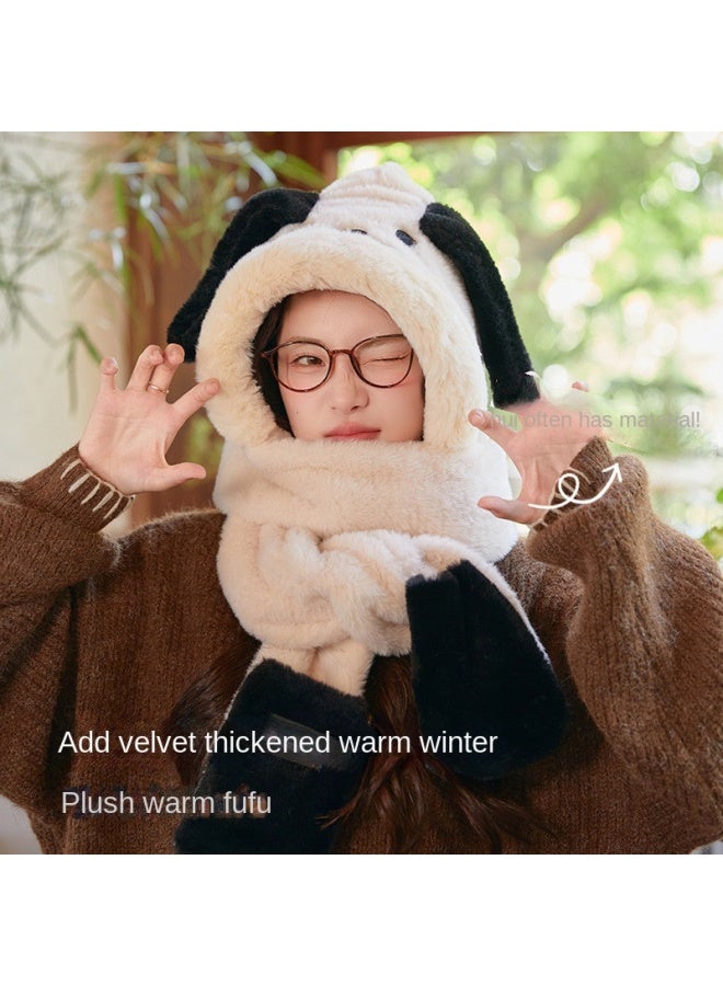 pincai Winter Cartoon Plush Hooded Scarf Women's Three-piece Set Cute Dog Hat Scarf Combo Cold Resistant - Image 3