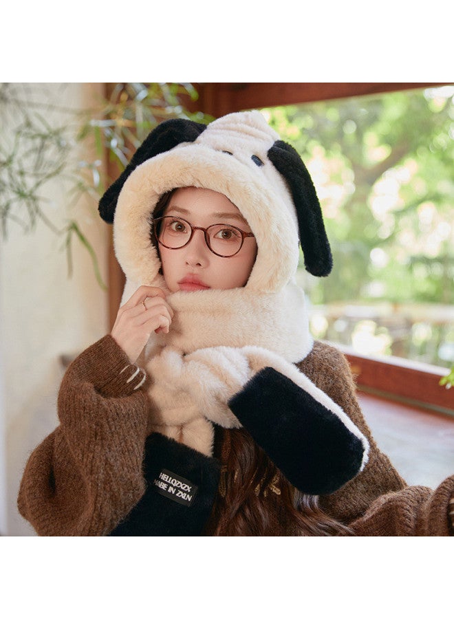 pincai Winter Cartoon Plush Hooded Scarf Women's Three-piece Set Cute Dog Hat Scarf Combo Cold Resistant - Image 4