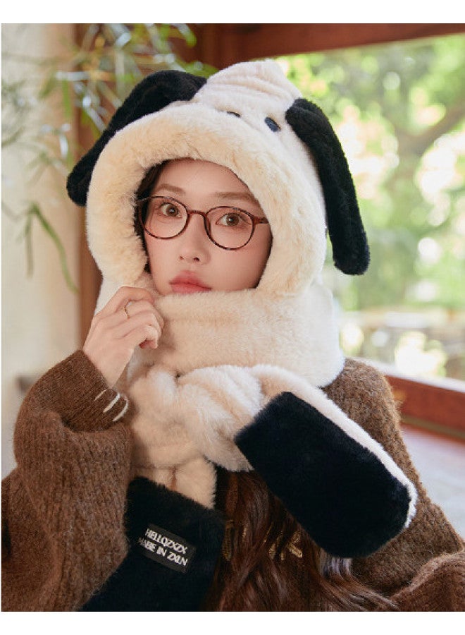 pincai Winter Cartoon Plush Hooded Scarf Women's Three-piece Set Cute Dog Hat Scarf Combo Cold Resistant - Image 1