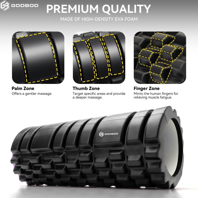 GODBOD Strong Foam Roller - Deep Tissue Medium Density Muscle Massager with Myofascial Trigger Point Release, Back Massage Roller for Soreness and Mobility 13 x 5.5 Inch - Black - Image 4