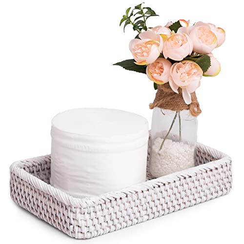 CELEZAR Farmhouse Toilet Paper Holder 10 x 6 x 2 in White Serving Tray Decorative Toilet Paper Basket Storage Bathroom Sink Vanity Trays Shallow Storage Bins Vanity Tray Rattan Guest Towel Napkin (White Wash) - Image 1