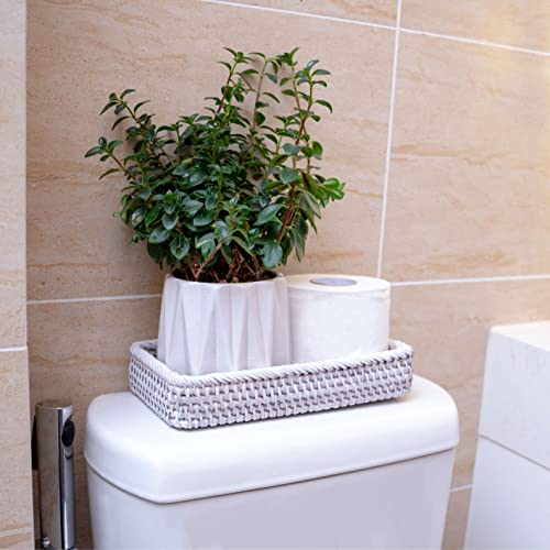 CELEZAR Farmhouse Toilet Paper Holder 10 x 6 x 2 in White Serving Tray Decorative Toilet Paper Basket Storage Bathroom Sink Vanity Trays Shallow Storage Bins Vanity Tray Rattan Guest Towel Napkin (White Wash) - Image 3