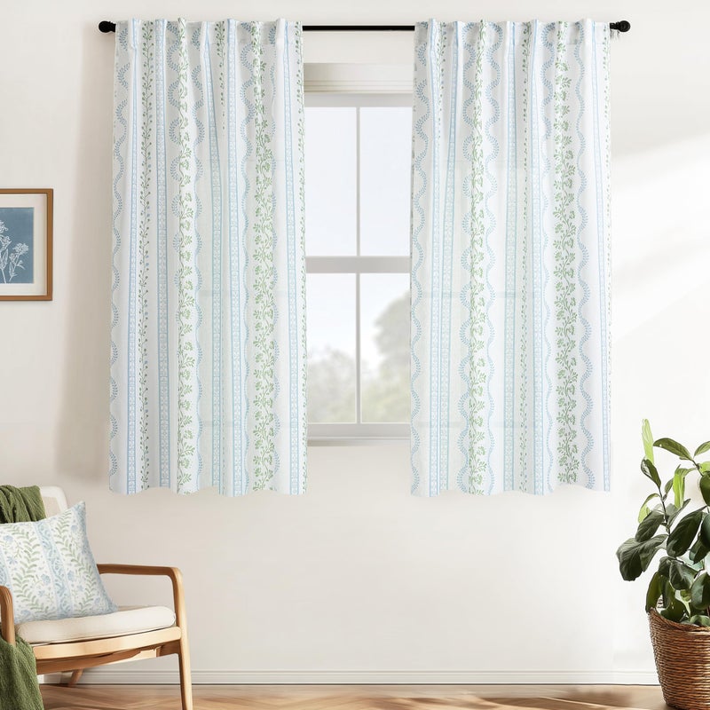 Lino Rosa White and Blue Floral Sheer Curtains 63 Inch Length for Bedroom,Botanical Cottage Style Pattern Linen Romantic Grandmillennial Unique Curtains for Girls Room Living Room 2 Panels Set - Image 1