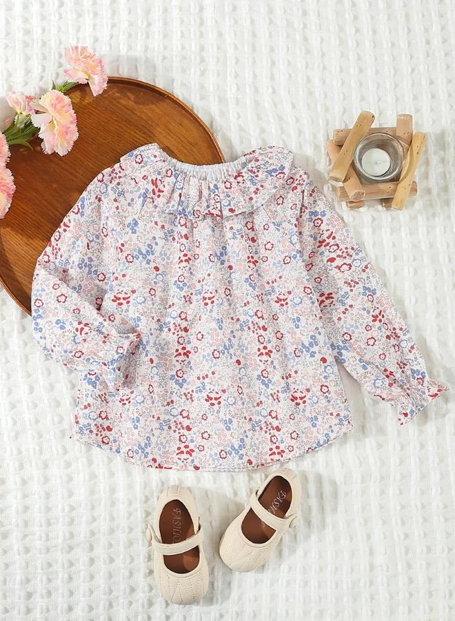 Take Two Take Two Girls Floral Print Cotton Top with Ruffle Collar