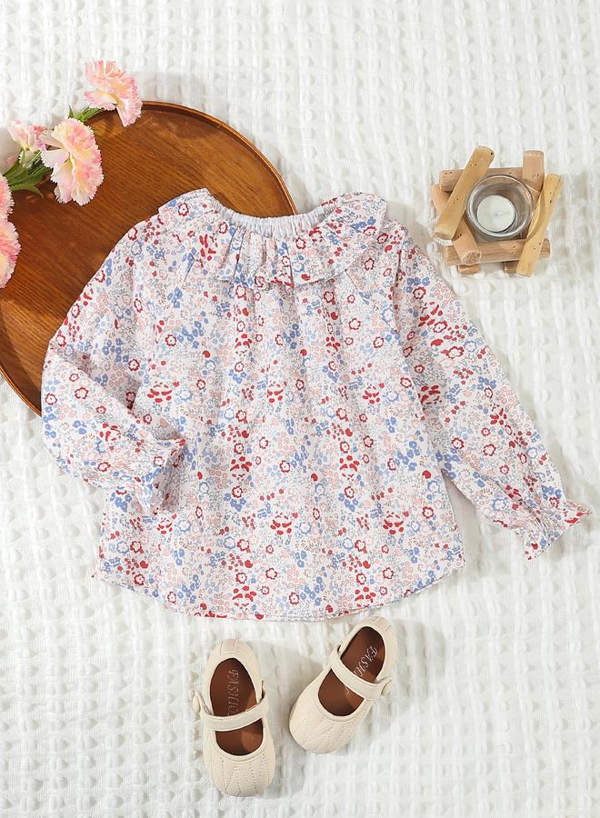 تايك تو بلوزة قطنية بطبعة زهور للبنات بياقة مكشكشة - Image 1