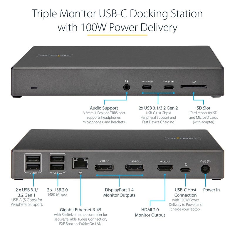 StarTech.com USB C Triple 4K Monitor Docking Station - 100W Power Delivery - DP 1.4 Alt Mode & DSC, 2 DisplayPort/HDMI 2.0-6 USB (2 at 10Gbps), SD - Windows/Chrome (DK31C2DHSPD) - Black & Space Gray - Image 2