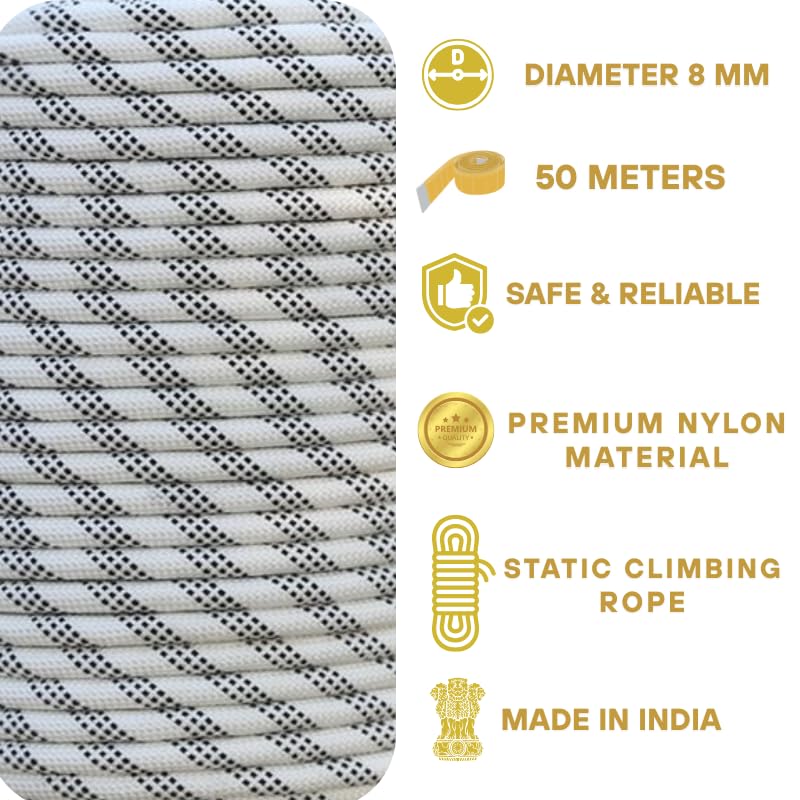 White Tech Premium Climbing Rope 8mm 50Mtr 13 KN Breaking Strength - Ideal for Mountain & Rock Climbing, Rappelling Rope, Rescue and Safety Durable Nylon Construction - Lightweight - Image 2