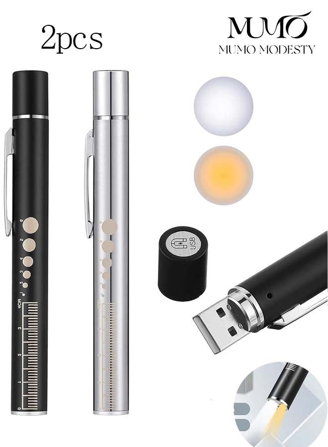 Rechargeable LED Pen Light with Pupil Measurement Function and Warm White Light Support; USB Rechargeable Medical Pen; Reusable LED Light Suitable for Students, Doctors, And Nurses; with Pocket Clip (Black, Silver, 2-Pack). - Image 1