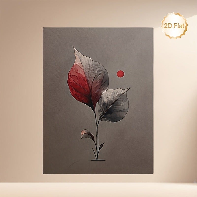 فن حائط كانفاس مؤطر بأوراق حمراء مجردة حديثة - خلفية رمادية، 60×90 سم - Image 1