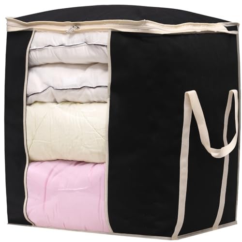 MISSLO King Comforters Storage Bag 120L for Blankets Clothes Sweaters Beddings Organizer with Reinfored Handles Non-Metal Fabric Storage Bin Organizer, Black - Image 1