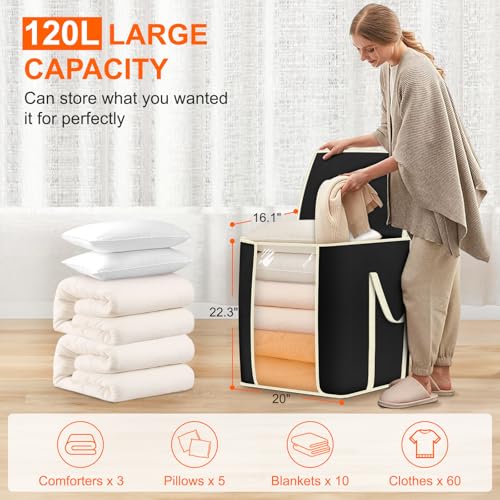 MISSLO King Comforters Storage Bag 120L for Blankets Clothes Sweaters Beddings Organizer with Reinfored Handles Non-Metal Fabric Storage Bin Organizer, Black - Image 2