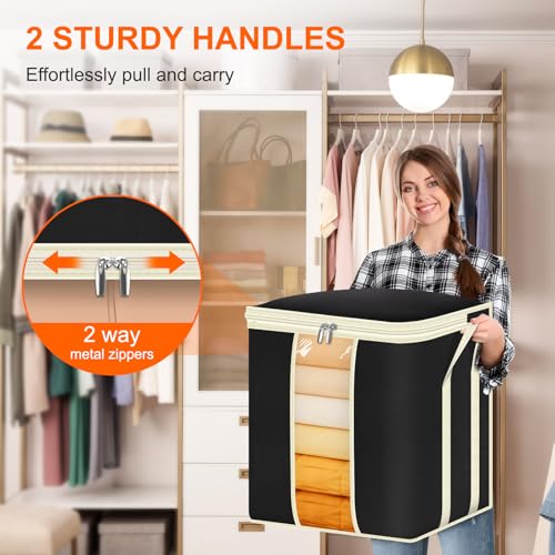 MISSLO King Comforters Storage Bag 120L for Blankets Clothes Sweaters Beddings Organizer with Reinfored Handles Non-Metal Fabric Storage Bin Organizer, Black - Image 4