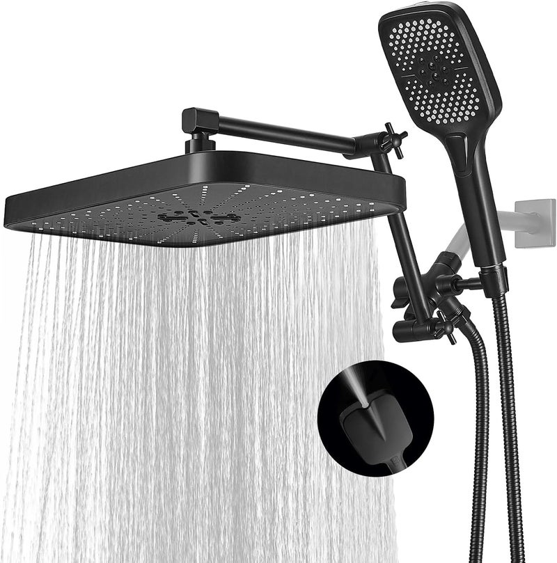 Jcrob 14 Inch Large Shower Head with Handheld Spray Combo and Extention Arm, Rain Rainfall Waterfall High Pressure Shower Heads, Modern Showerhead with 3-Way Diverter - Height/Angle Adjustable(Matte Black) - Image 1