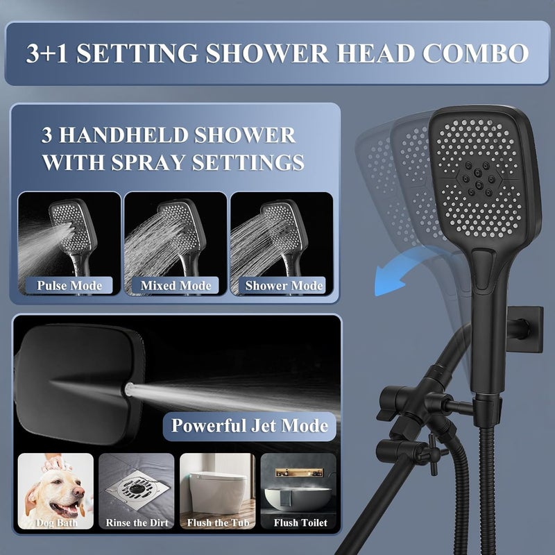 Jcrob 14 Inch Large Shower Head with Handheld Spray Combo and Extention Arm, Rain Rainfall Waterfall High Pressure Shower Heads, Modern Showerhead with 3-Way Diverter - Height/Angle Adjustable(Matte Black) - Image 5