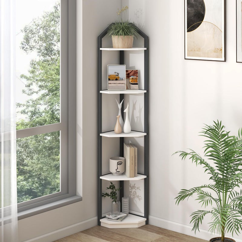 Fun Memories 5 Tier Corner Shelf, 70â€ Corner Shelf Stand, Corner Bookshelf Plant Stand, Storage Shelf for Bathroom, Living Room, Kitchen,Home Office, White - Image 1