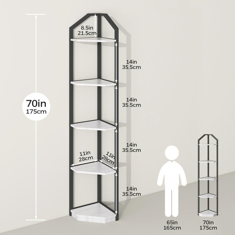 Fun Memories 5 Tier Corner Shelf, 70â€ Corner Shelf Stand, Corner Bookshelf Plant Stand, Storage Shelf for Bathroom, Living Room, Kitchen,Home Office, White - Image 3