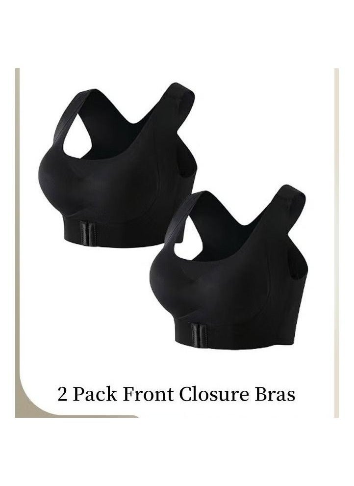 2 Pack Women's Front Closure Bras, Wireless Seamless Push-up Bras, Lingerie Shaper Support Tops with Back X Strap, Female Posture Correction Bra, Full-Coverage Cups Sleep Bras,  Lifting Bras Everyday Bras for Working, Jogging, Hiking, Dancing, Black - Image 1