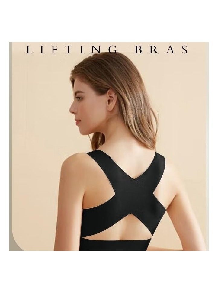 2 Pack Women's Front Closure Bras, Wireless Seamless Push-up Bras, Lingerie Shaper Support Tops with Back X Strap, Female Posture Correction Bra, Full-Coverage Cups Sleep Bras,  Lifting Bras Everyday Bras for Working, Jogging, Hiking, Dancing, Black - Image 3
