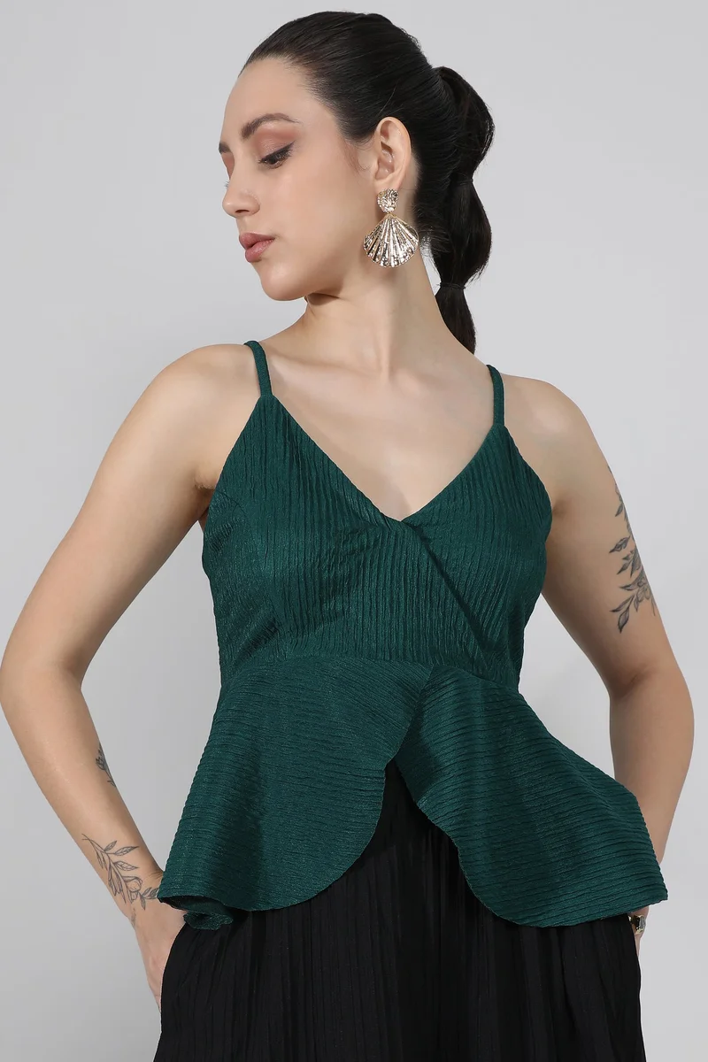 Campus Sutra Women's Emerald Green Ripple Peplum Top