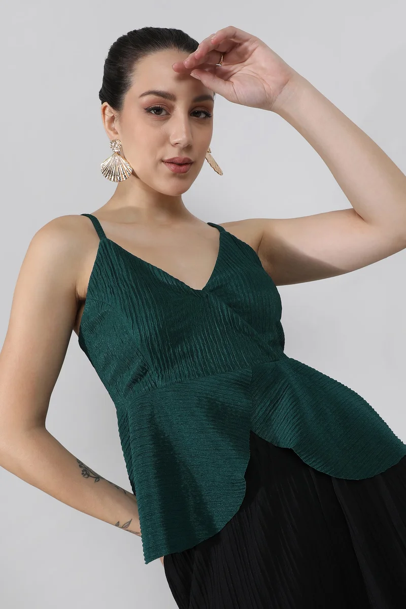 Campus Sutra Women's Emerald Green Ripple Peplum Top