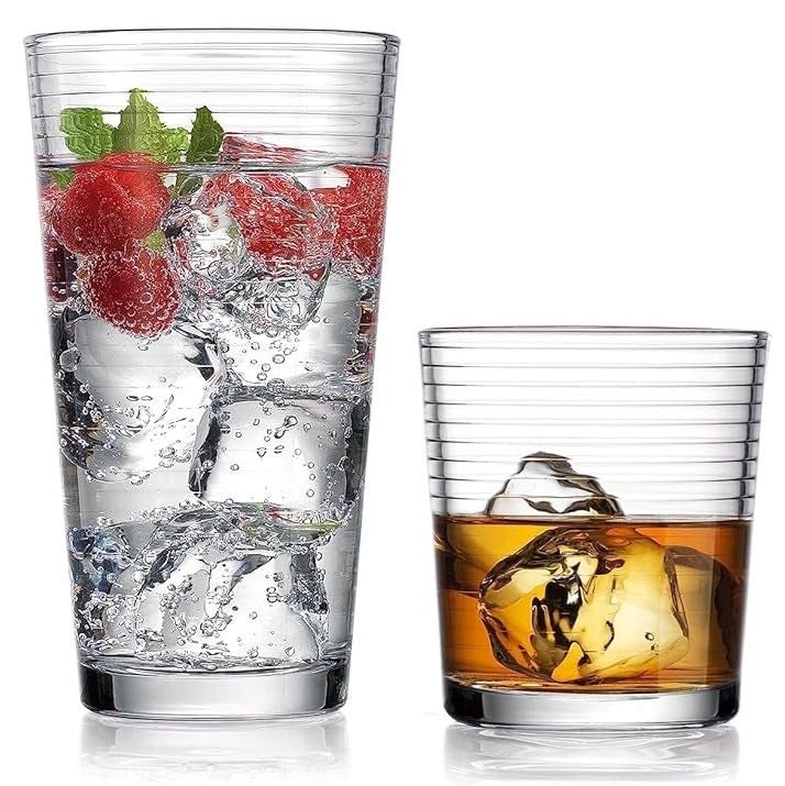 Drinking Glasses - Set of 8 Glass Cups, 4 Highball Glasses (17oz) 4 Rocks Glasses (13oz) Ribbed Glasses for Mixed Drinks, Water, Juice, beer, Wine, Excellent Gift!