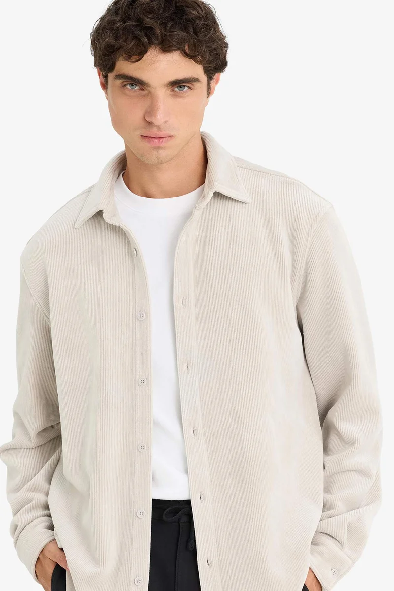 ديفاكتو Regular Fit Polo Neck Velvet Long Sleeve Shirt