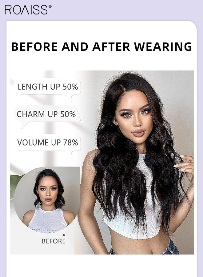 رويس 4 قطع من وصلات الشعر المموجة بالمشابك، وصلات شعر صناعية طويلة غير مرئية قابلة للتعديل ومقاومة للحرارة للفتيات والنساء، أسود بني، 50 سم (20 بوصة) - Image 2